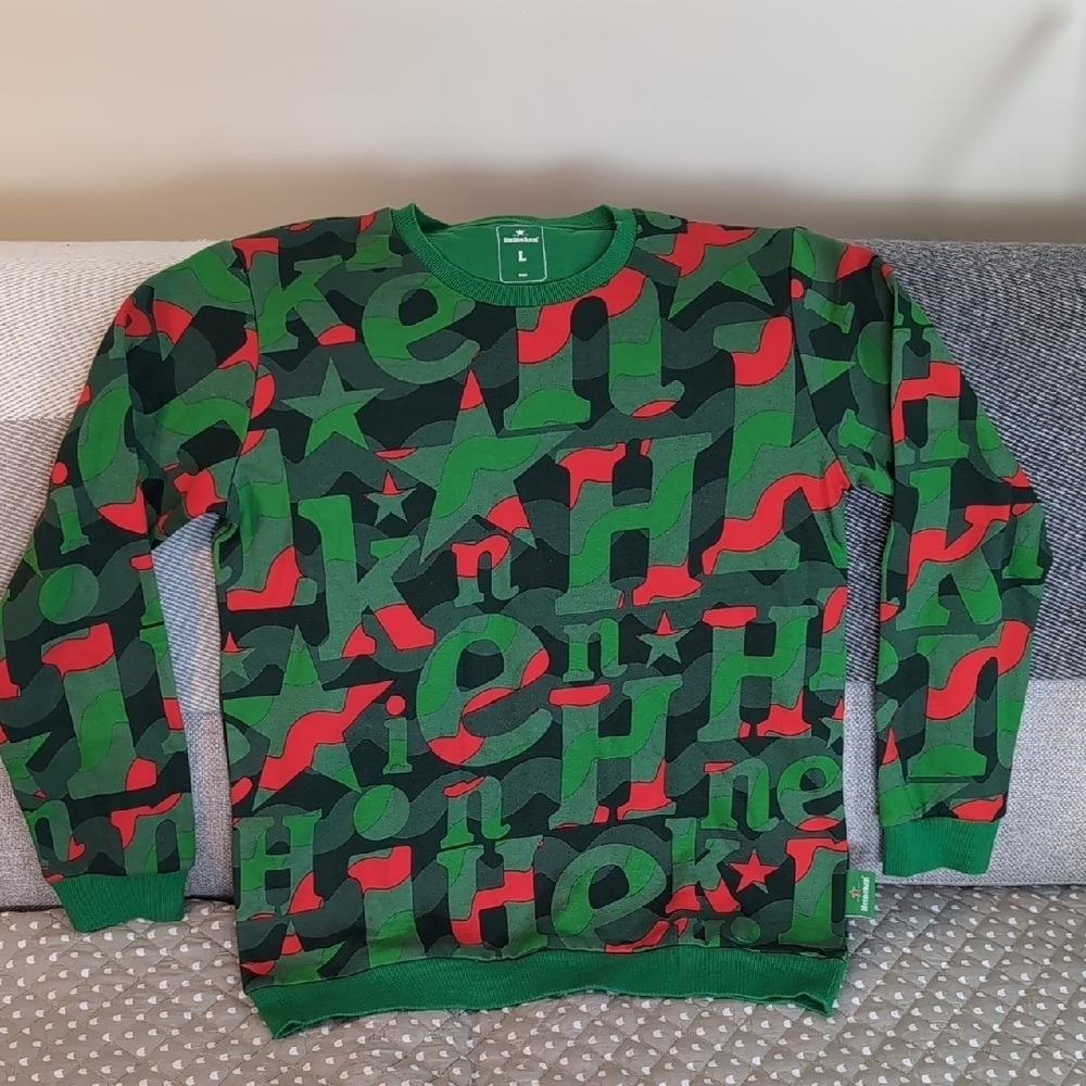 Heineken Men's Abstract Christmas Pullover Sweater,Green/Red,L.
